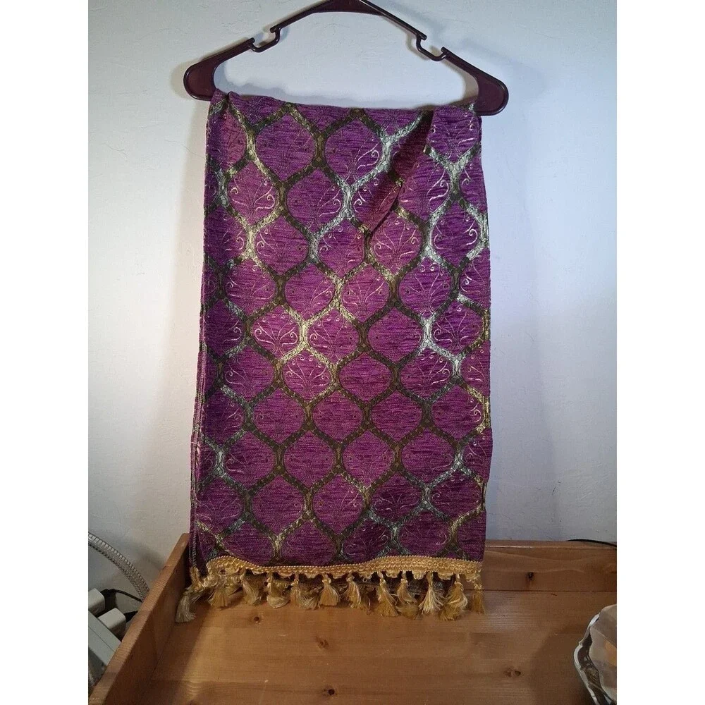 Table Cloth Runner Purple Gold Peacock Tail Turkish W Tassels ~16x52